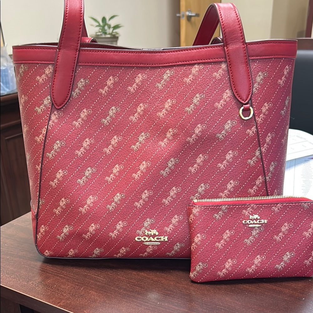 Coach Red Signature Tote with Leather Straps
